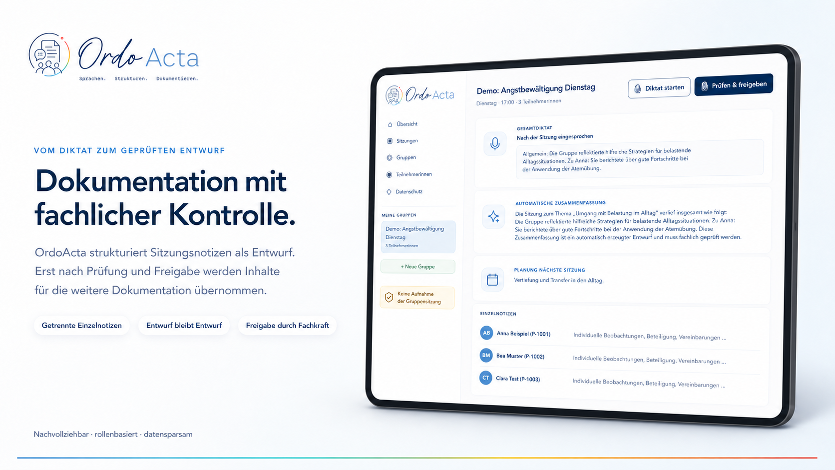 OrdoActa Dokumentationsentwurf mit fachlicher Prüfung vor der Freigabe